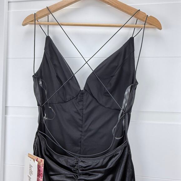 Emerald Sundae Black Ruched Satin Size M -Mini Dress Criss-Cross Back NWT - Picture 4 of 11